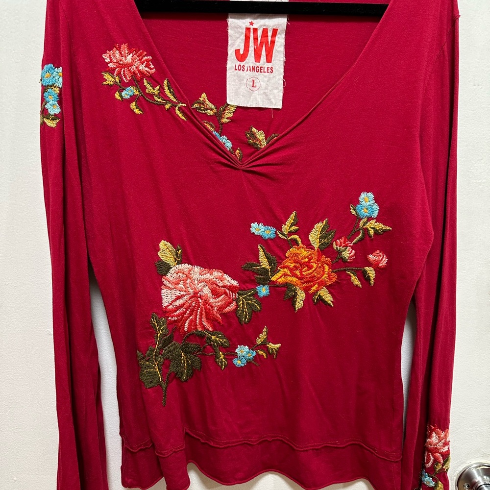 Johnny Was Red Floral Embroidered Blouse